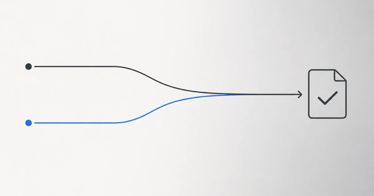 Abstract illustration of two paths, one charcoal and one blue, converging on a single finished document to weigh a virtual assistant against an AI manager