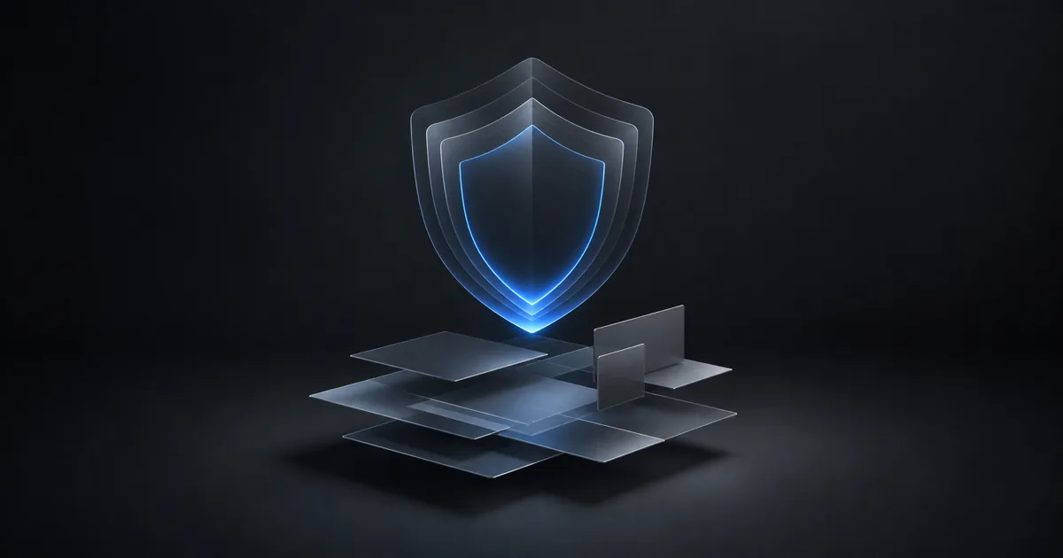 Abstract charcoal panel with a single blue accent shield motif representing protected business data